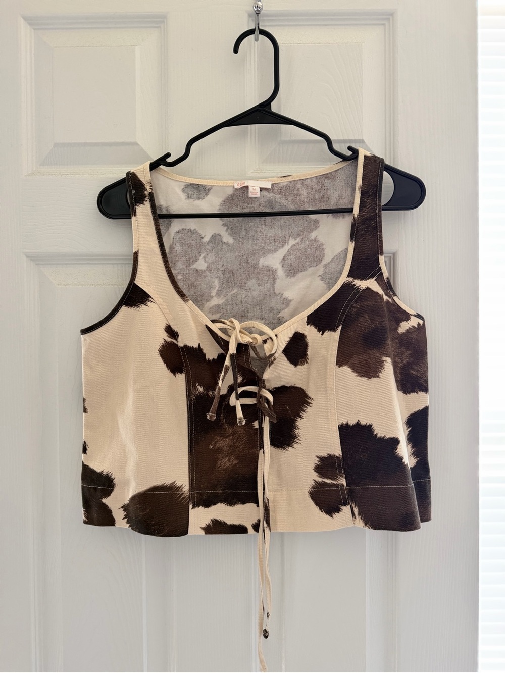 Cow Print Lace-Up Crop Tank Top - Cream & Brown